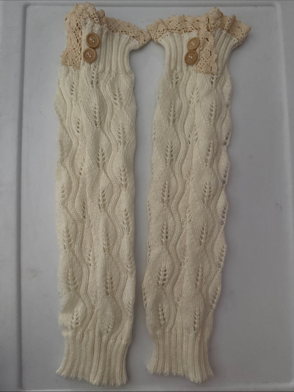 Cream Lace-Trim Knit Leg Warmers with Button Detail for boots